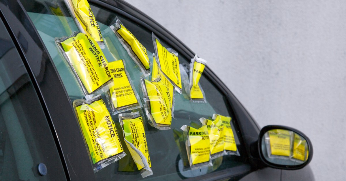 A close-up of a black car with numerous bright-yellow parking violation notices attached to its side window.