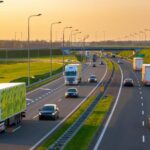 A busy highway populated by multiple personal vehicles and large trucking vehicles. There is grass on each side of the roadway.