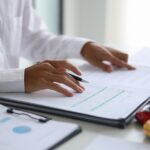 Close-up of a person's hands on two separate documents on clipboards on a desk. Toy cars sit nearby.